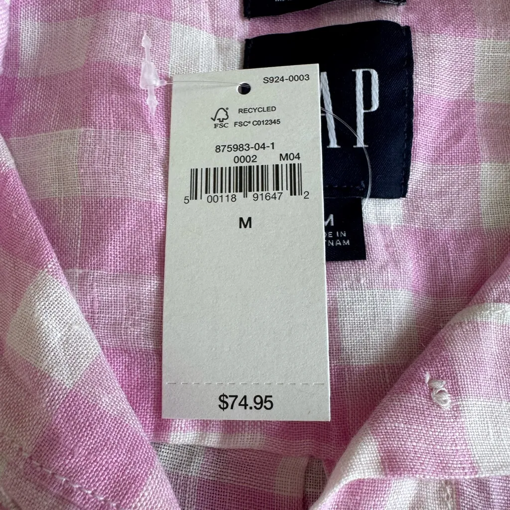 GAP Pink White Gingham Plaid 100% Linen Boyfriend Button Down Shirt Medium NWT - Image 12