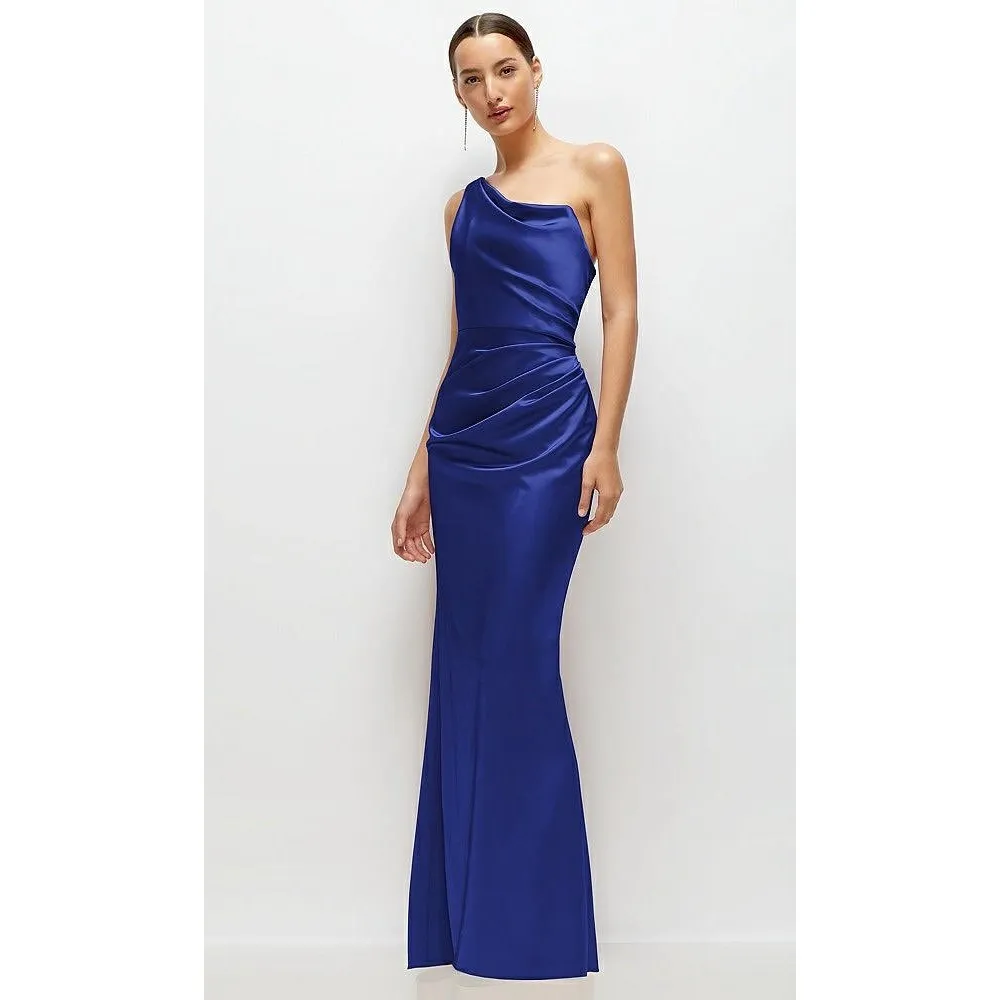 After Six One-Shoulder Cat-Eye Neckline Fit And Flare Satin Maxi Dress Size 8 - Image 4