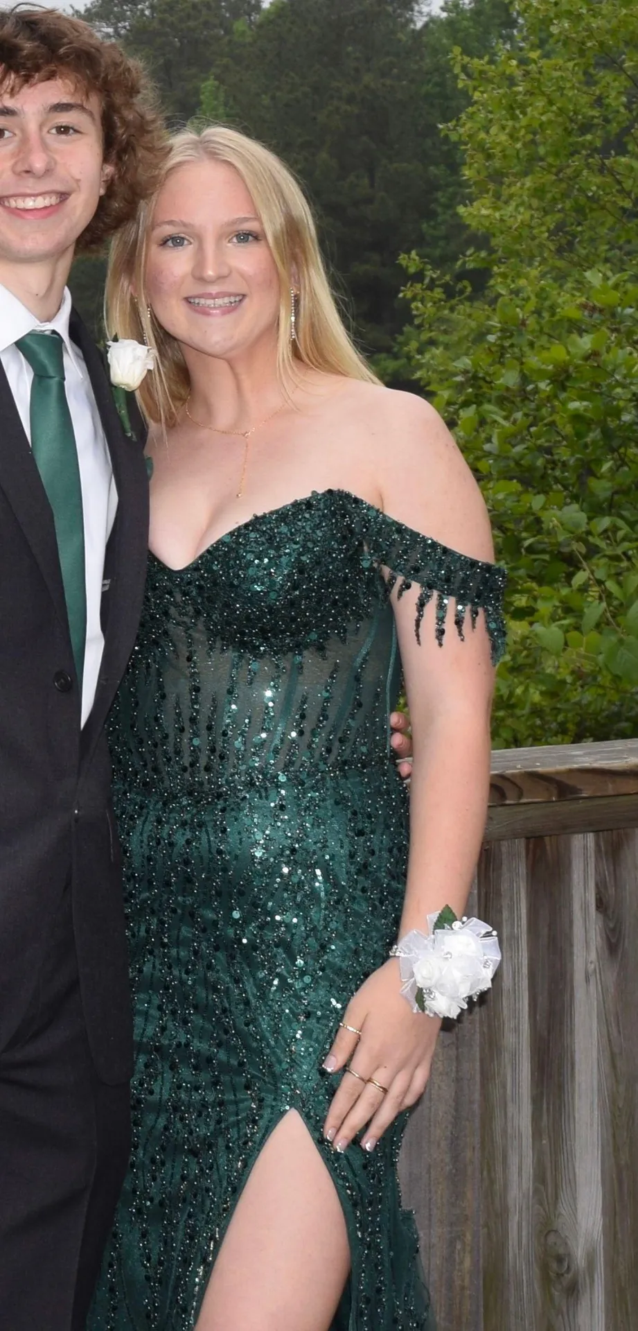 Emerald Green Beaded Prom Dress - Image 2
