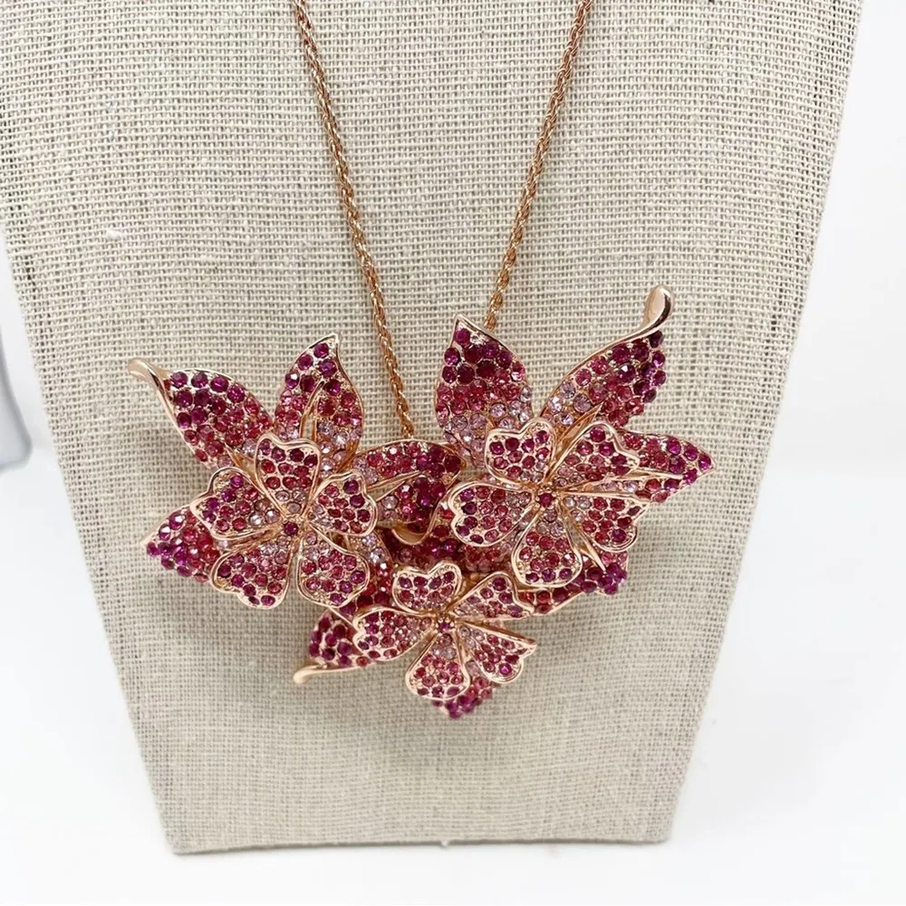 JTV Rose Pink Crystal Flower Brooch Pendant Chain Necklace - Image 2
