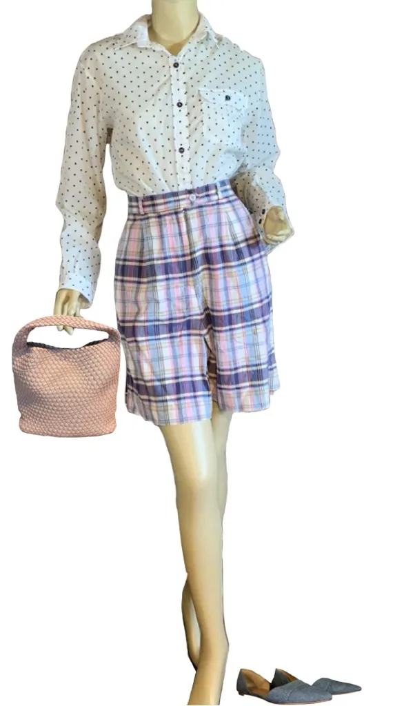 VINTAGE 1990'S TALBOTS PINK & BLUE PLAID COTTON HIGH WAIST SHORTS (12) - Image 2