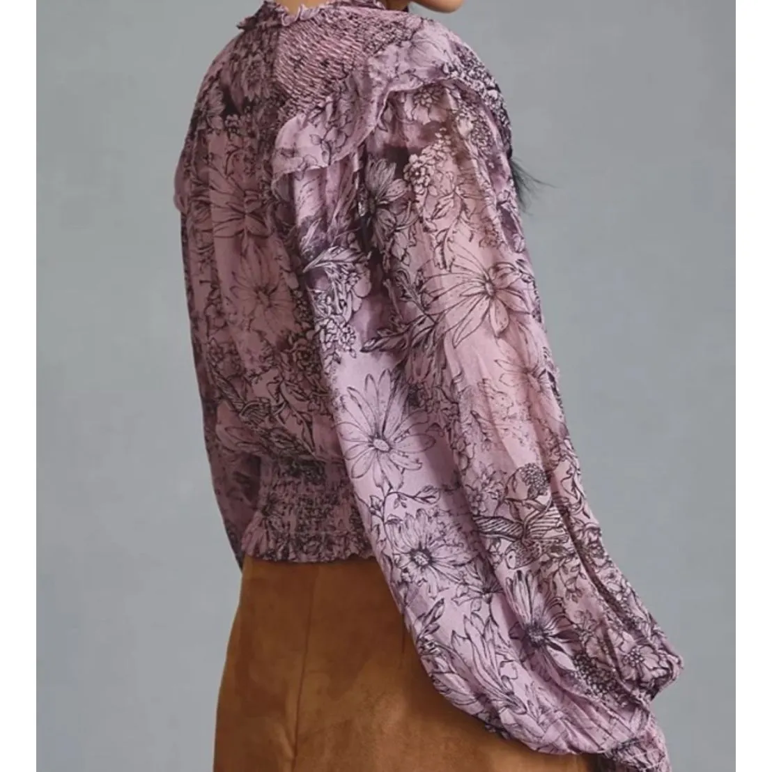 Anthropologie Sheer Smocked Blouse peasant Top‎ Shirt Floral Purple Medium Orig. - Image 3