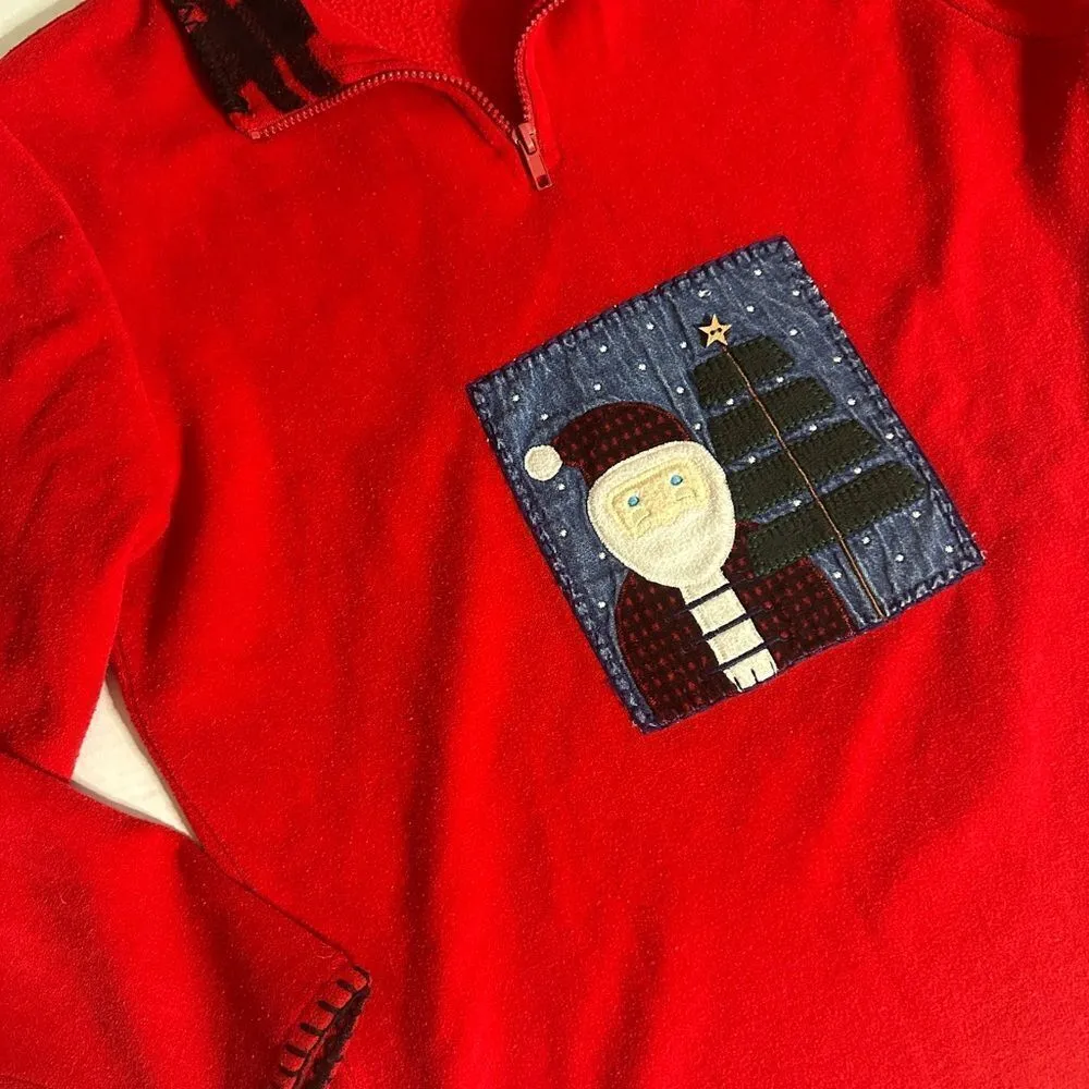 Vintage Ugly Christmas Primitive Santa Whip Stitch Qtr Zip Fleece Sweatshirt Red Size M - Image 7