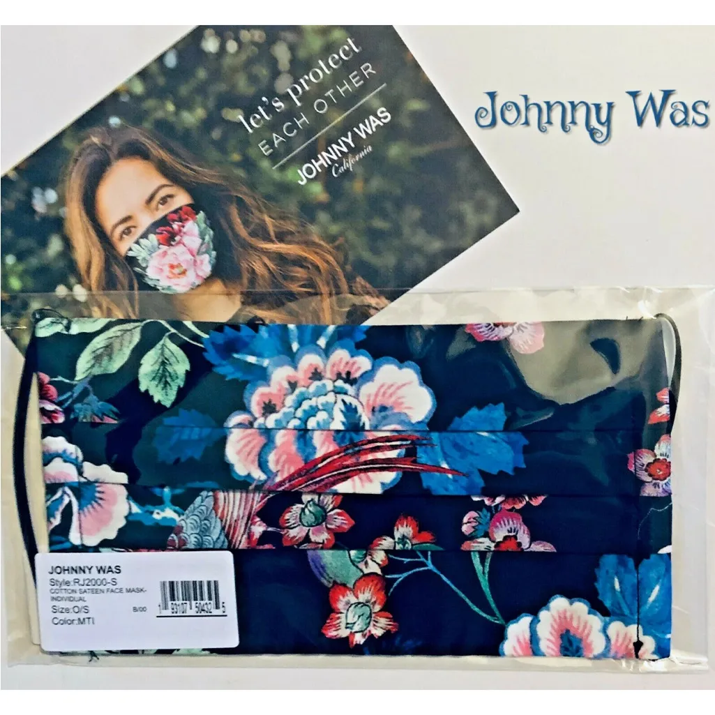 Johnny Was Navy Cotton Sateen Floral Face Mask Interior Pocket for Filter NIP - Image 2