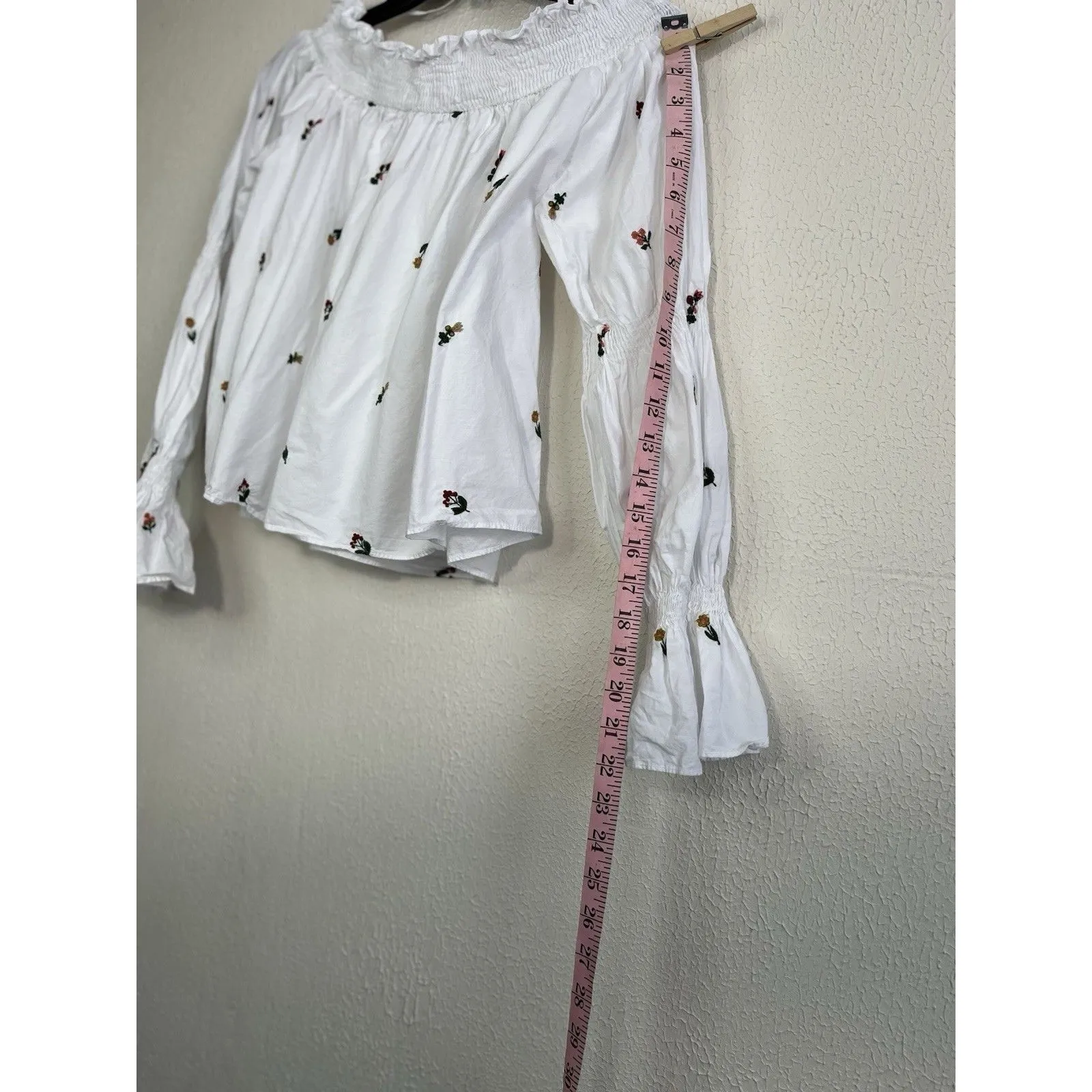 Zara Trafaluc M White Floral Blouse Floral Embroidered Top Off Shoulder Peasant - Image 5