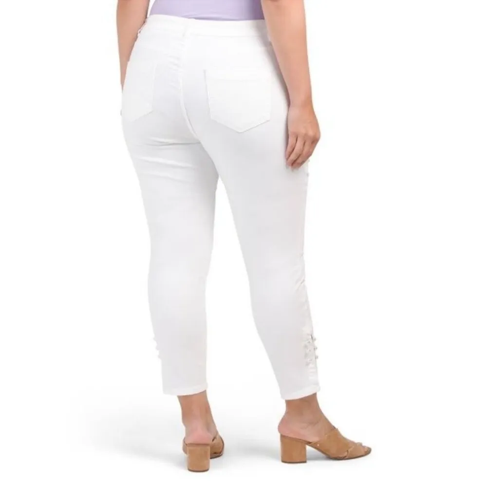 Cece Womens Plus Straight Leg Ankle White Jeans with Faux Pearl Detail Size 24W - Image 10