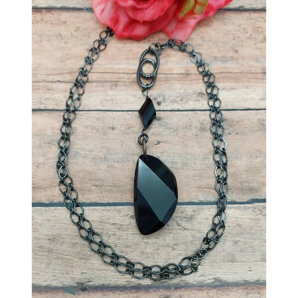 Black Gunmetal Faceted Bead Pendant Convertible Chain Necklace Choker Goth 32" - Image 3