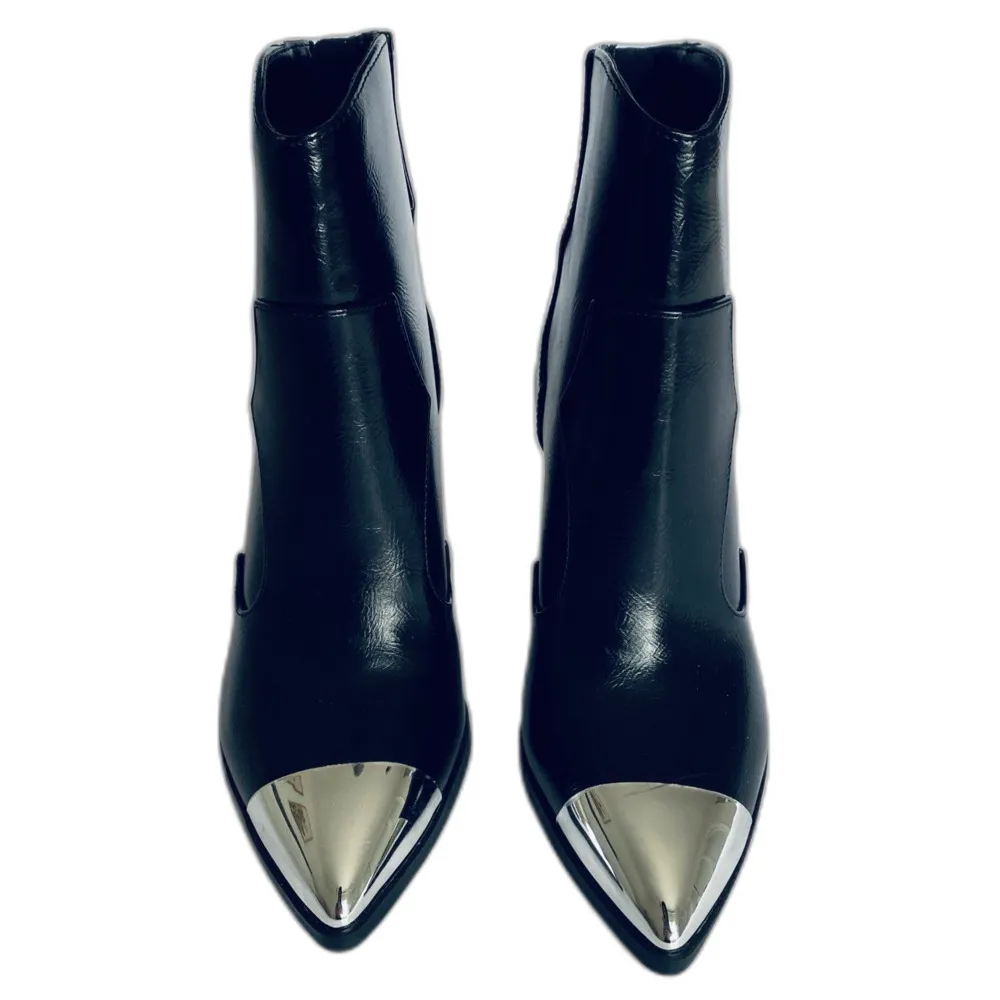 NWT Soda Black Metal Tip Western Booties Zip Faux Leather with Block Heel Sz 6M - Image 3