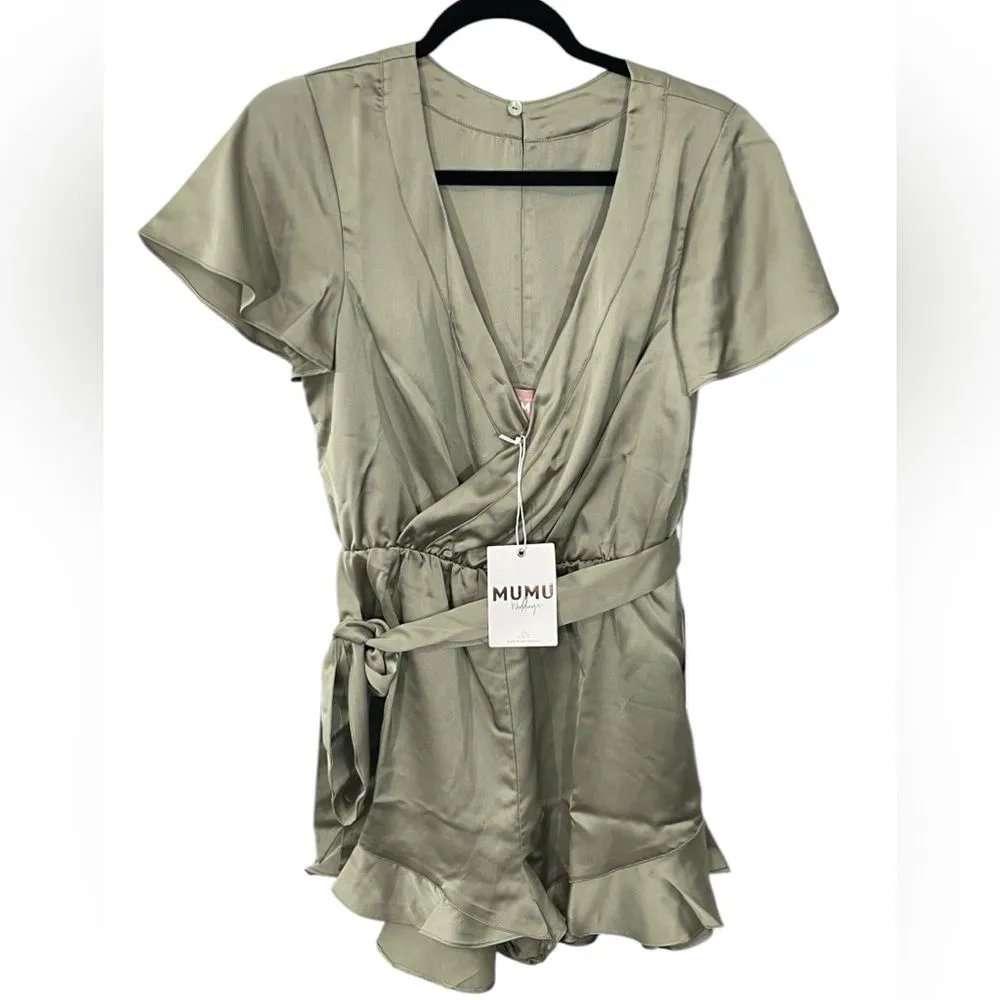 NWT Show Me Your Mumu - Say I Do Romper‎ Moss Green Size MEDIUM Satin Faux Wrap - Image 4