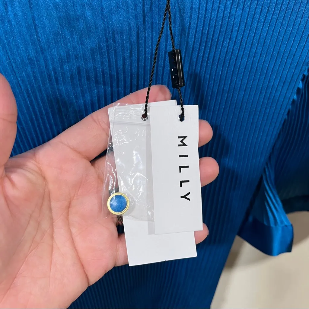 NWT MILLY  Size 8
Lumi Satin Pleated Dress In Blue - Image 5