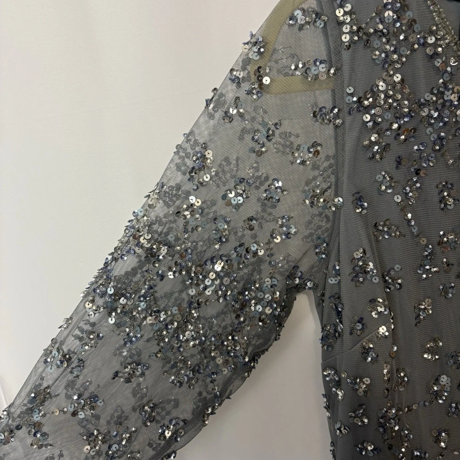 Pisarro Nights Women's Silver Beaded Sequin Long Sleeve Sheath Dress Sz 10 Hoco - Image 7