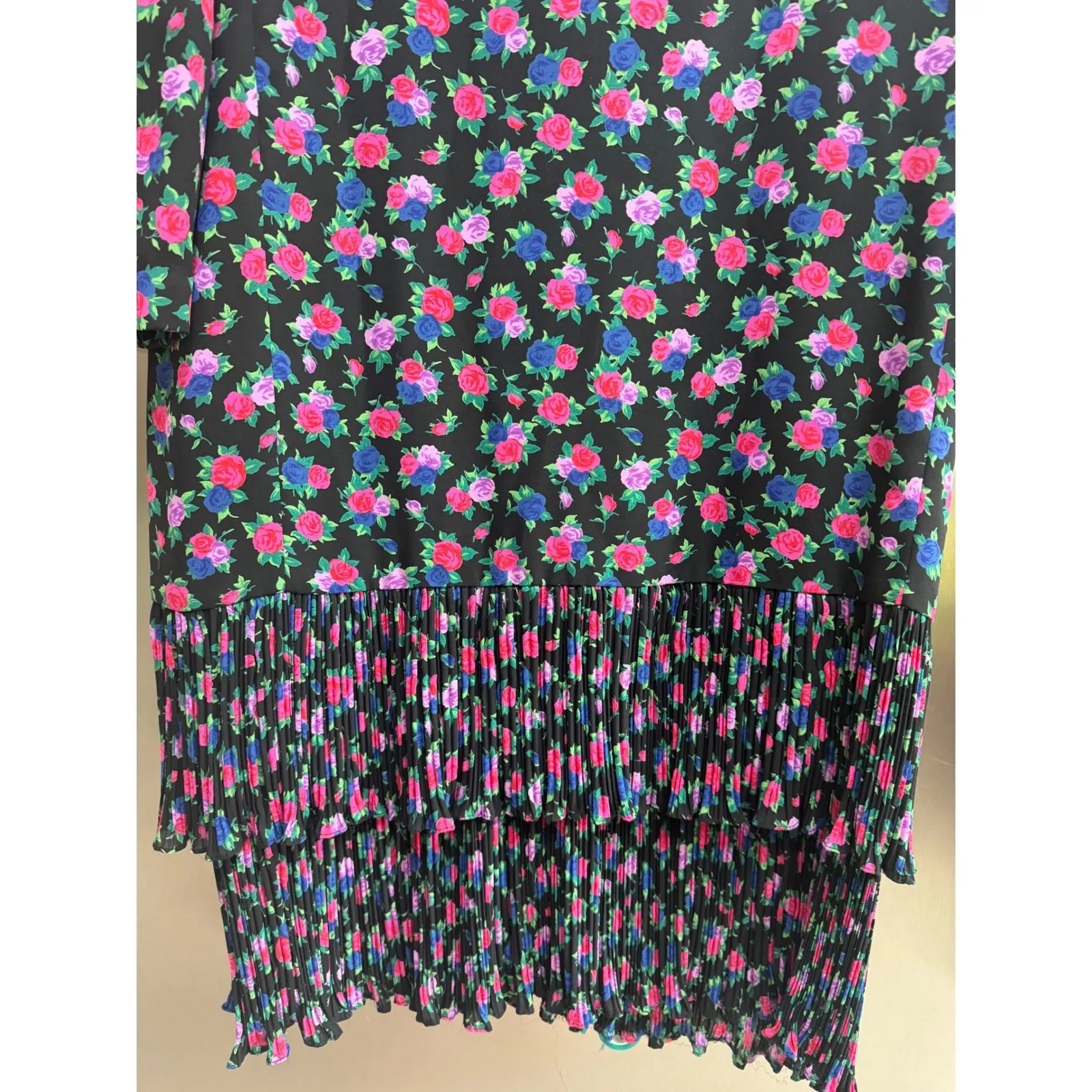 Vintage Liz Roberts Floral Print Dress Pleated Drop Waist Long Sleeve Size‎ M Black Size M - Image 6