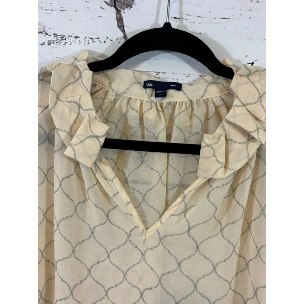 Women's Gap Beige & Gray Patterned Long Sleeve Blouse L - Image 7