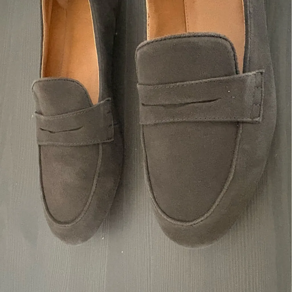 J Crew Factory Suede Penny Loafers Slip On Dark Gray Flats 9.5 - Image 4