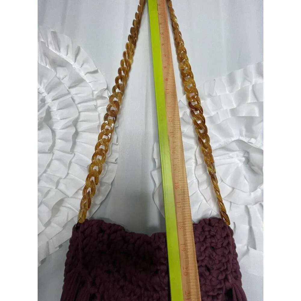 70s Burgundy Crochet Woven Boho Bohemian Bag Purse Tortoiseshell Chain Strap - Image 7
