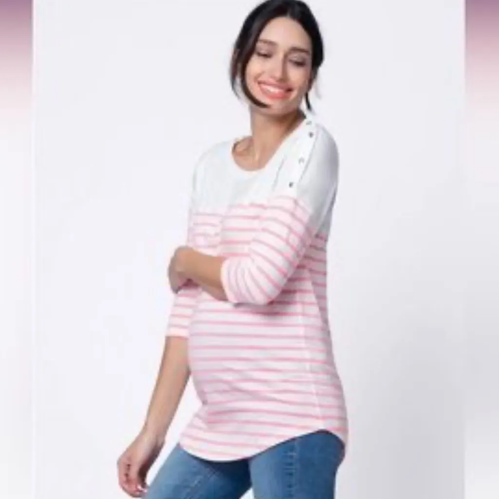 SERAPHINE MATERNITY Striped Top with snap accent Size 6 White - Image 10