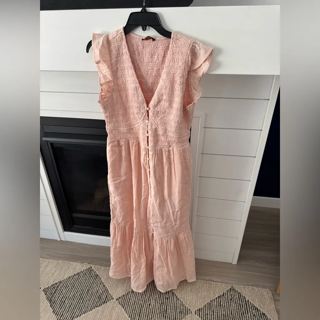 Quince Organic Textured Cotton Smocked V-Neck Midi Dress Small NWT - Image 5