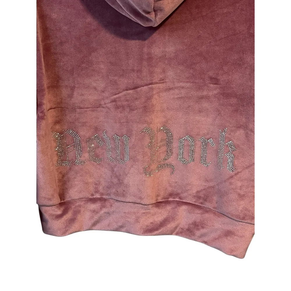 Refuge Hoodie Jacket Womens S Mauve Velour Velvet Full Zip Rinestone NEW YORK - Image 11
