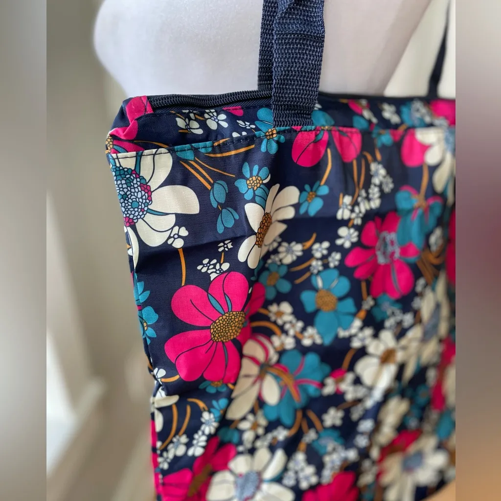 Teacher Navy Pink Floral Packable Ripstop Nylon Tote Bag Blue - Image 4
