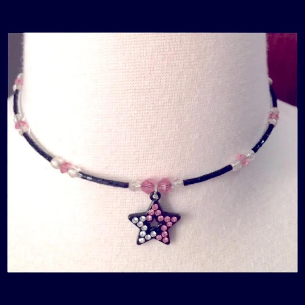 Black and Pink Rhinestone & Beaded Choker with Bling Star - Image 5