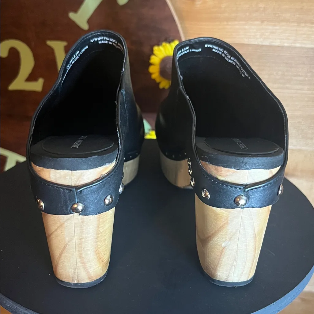 Chelsea & Violet Jana Black Leather Platform Wood Clog Gromit Slip On Mule 8 8.5 - Image 5