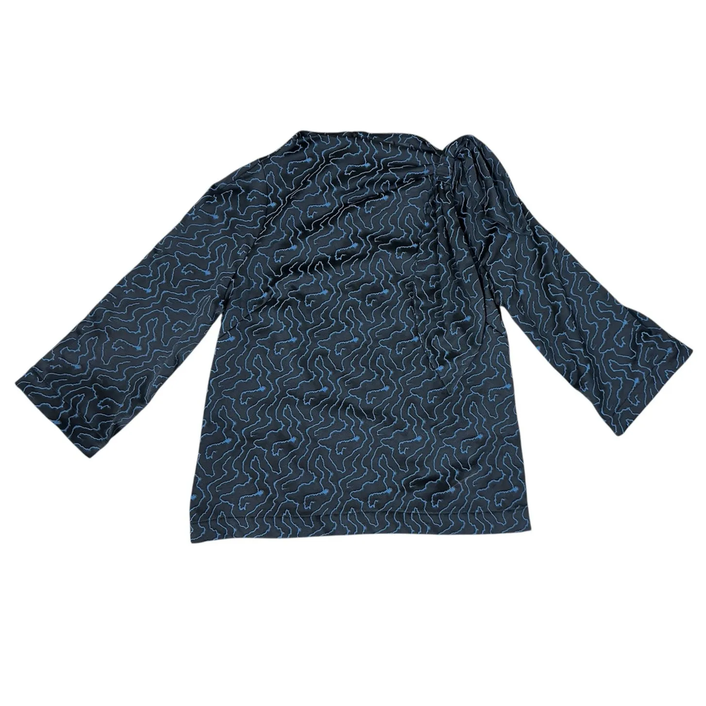 HILTON HOLLIS Blouse Jacquard Black Blue Sleeve Boatneck Tie neck Size M - Image 7