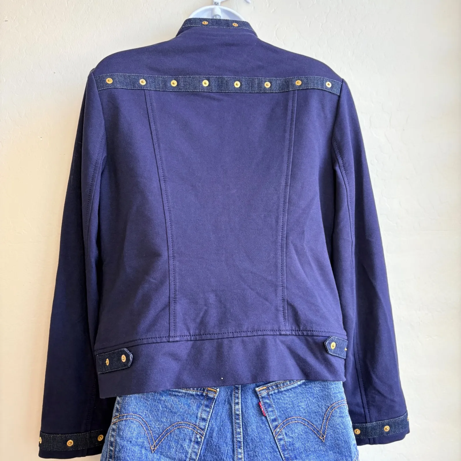 St. John Sport Collection Navy Blue Denim Trim Gold Small Button Jacket Womens - Image 6