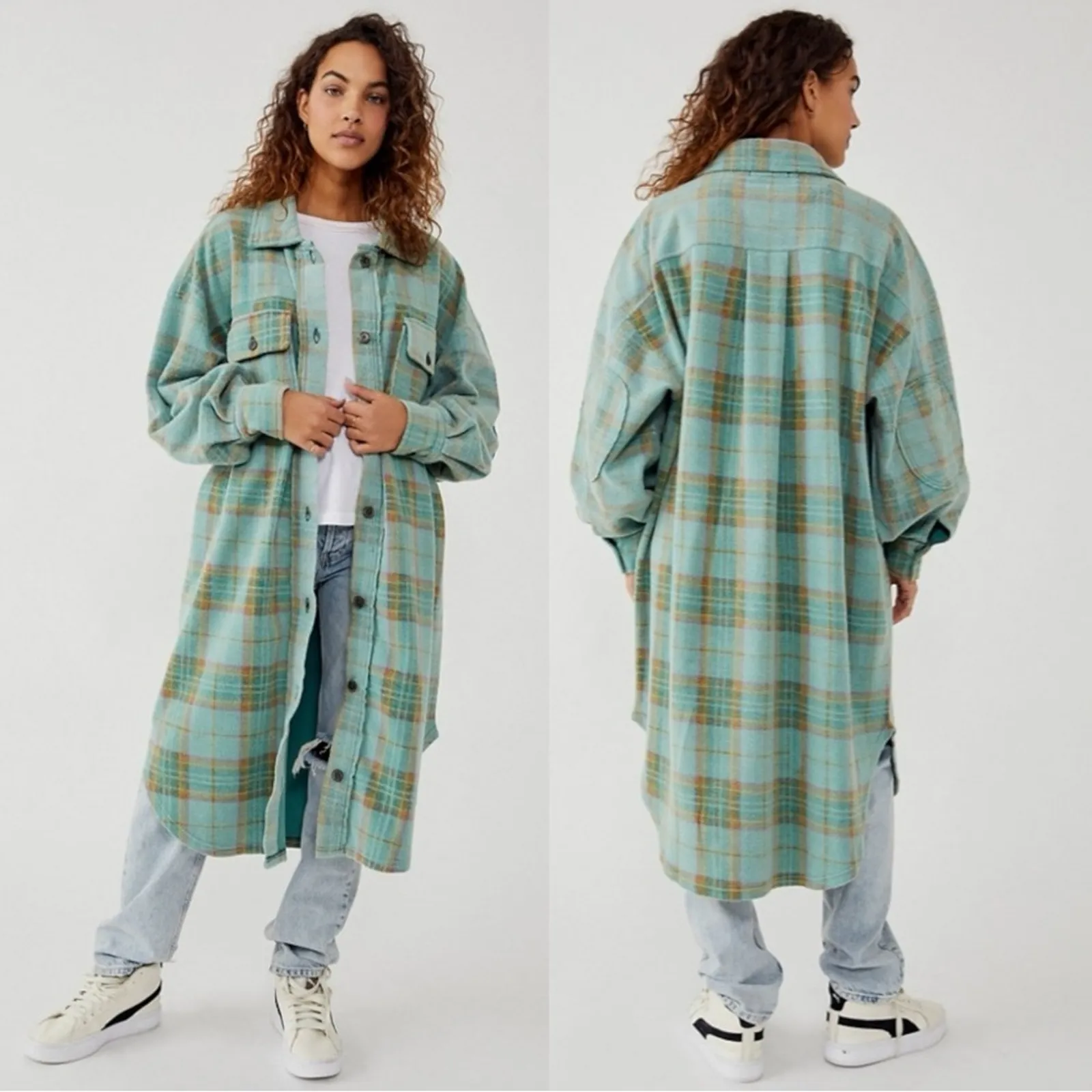 Free People Plaid Long Ruby Jacket Shacked Coat Sage Large Grunge Distressed - Image 4
