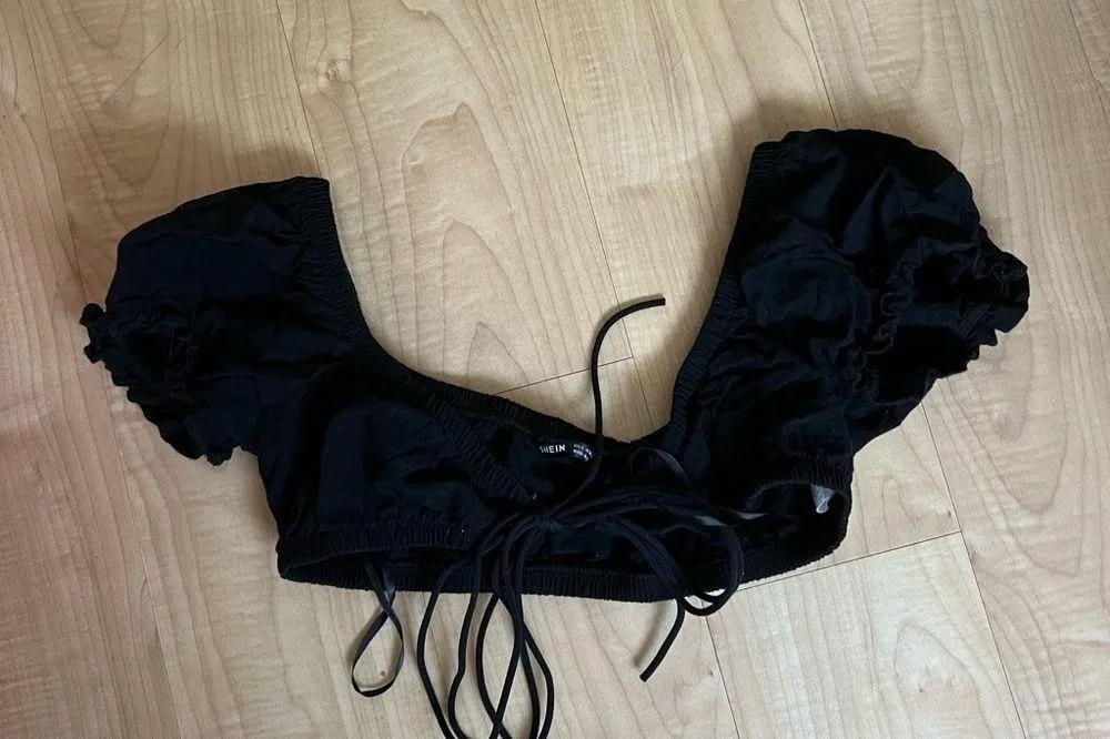 SheIn  Ruched Bust Puff Sleeve Tie Front Crop Top - Image 3