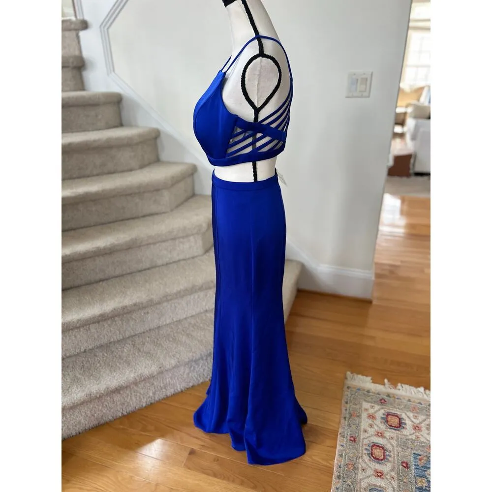 NWT La Femme Cobalt Royal Blue Two Piece Crop Top & Skirt Prom Gown - Image 3