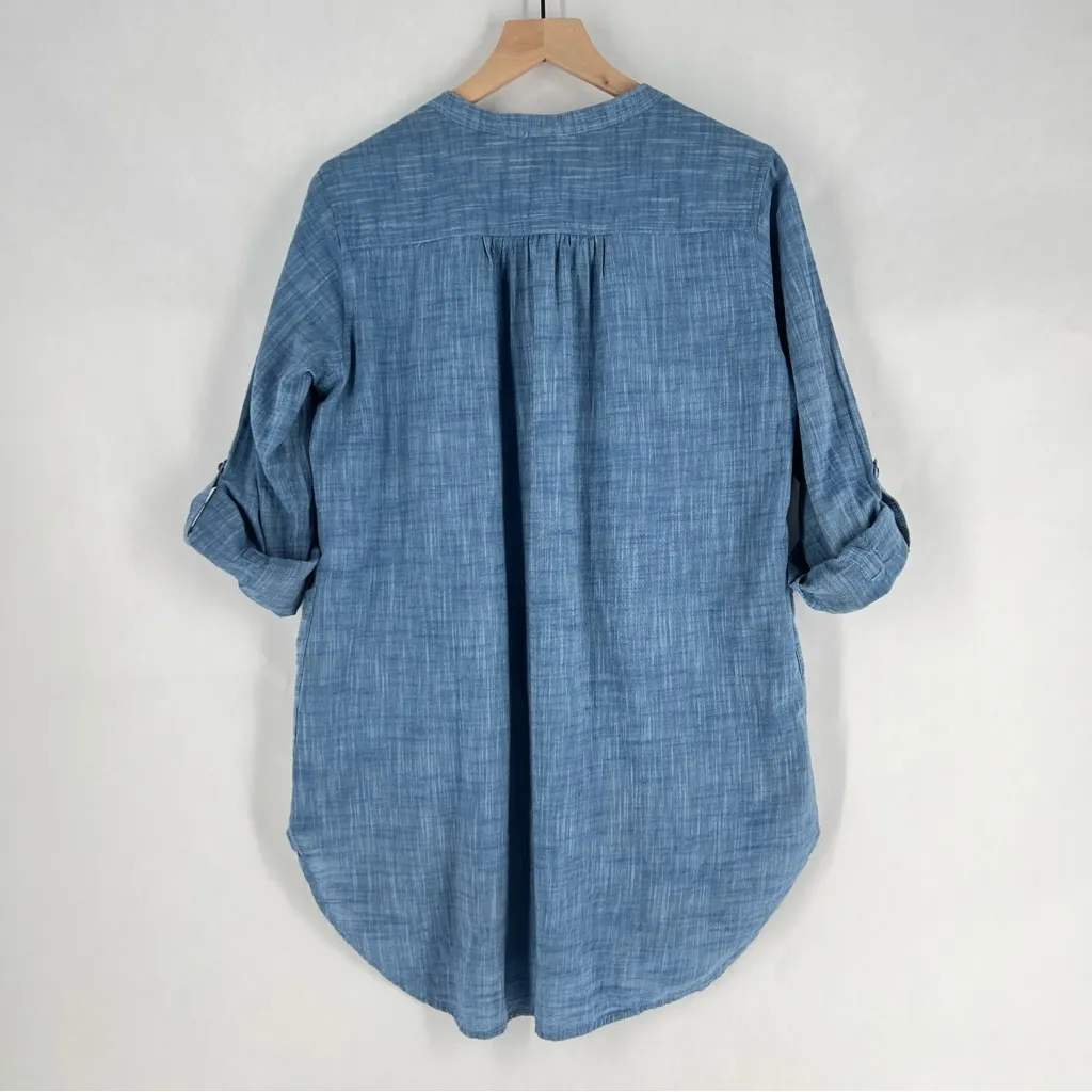 Seafolly Boyfriend Beach Shirt Blue Chambray Lightweight Roll Tab Sleeves V-Neck - Image 12