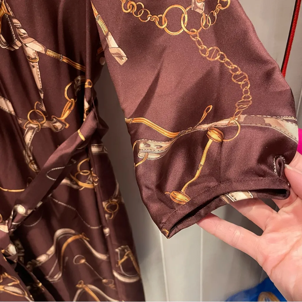 Cute classic chocolate brown silk equestrian horse bait tie waist midi dress - Image 5