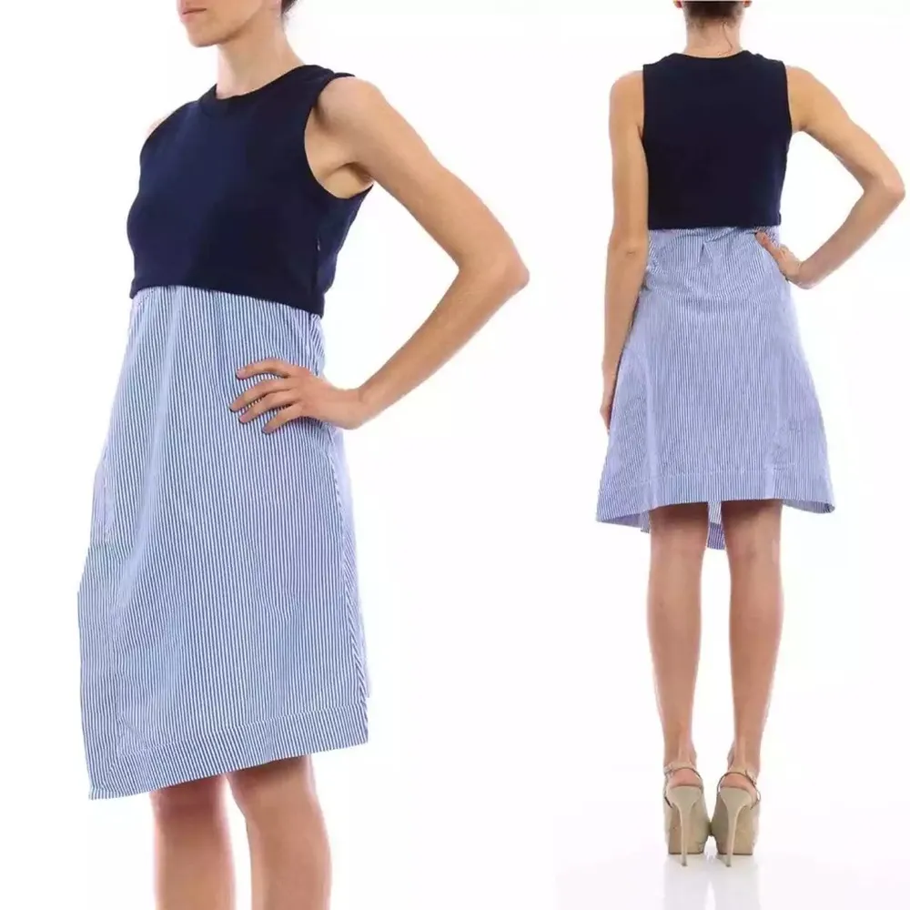 Carven Gray Blue Striped Asymmetrical Sleeveless Cotton Blend Flare Dress Small - Image 4