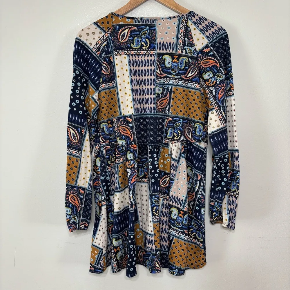 Mellóday Boho Paisley Patchwork Print Smocked Tunic Mini Baby Doll Dress Size M - Image 6