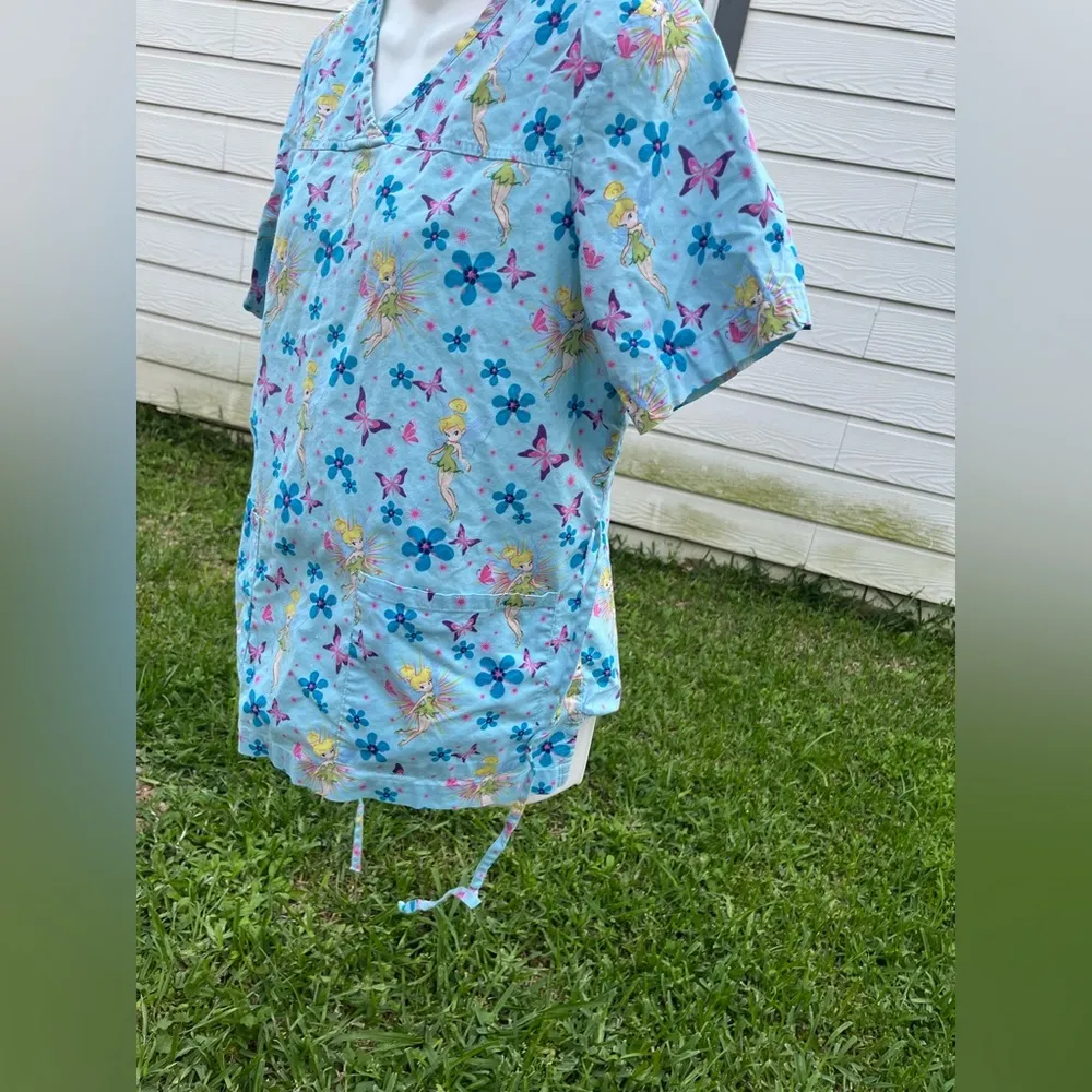 Disney Light Blue Tinkerbell Scrub Top with Floral Accents - Image 4