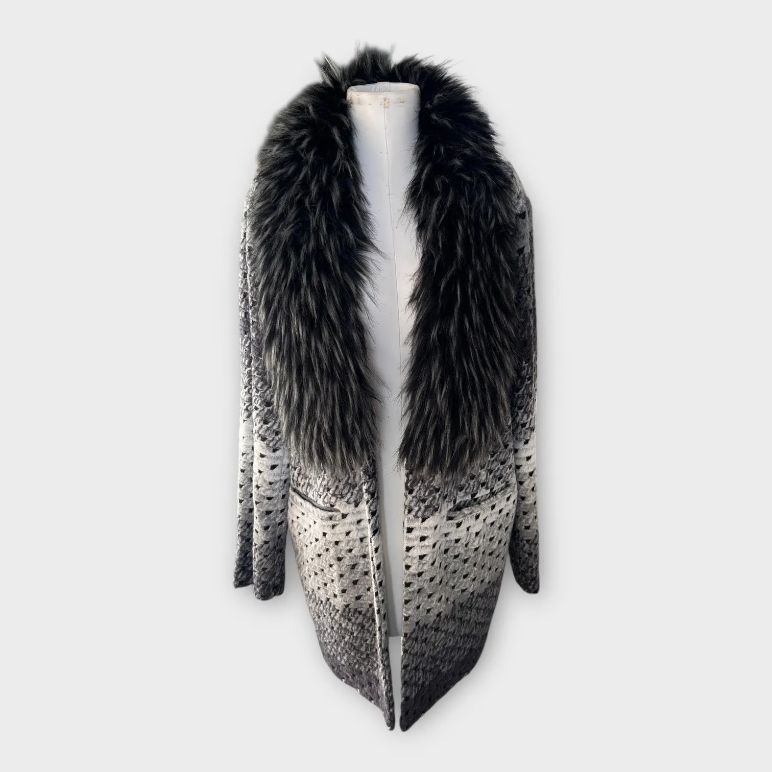 Donna Salyers Fabulous Furs Knit Cardigan Coat Faux Fur Collar Gray Black XL - Image 6