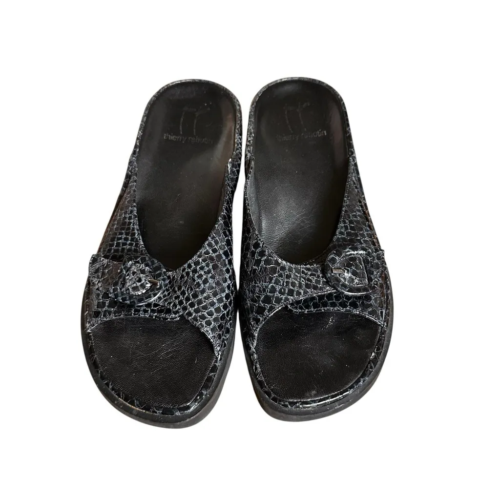 Thierry Rabotin Black Snake Skin Print Leather Slide Sandal Wedge Buckle 39/8 - Image 2