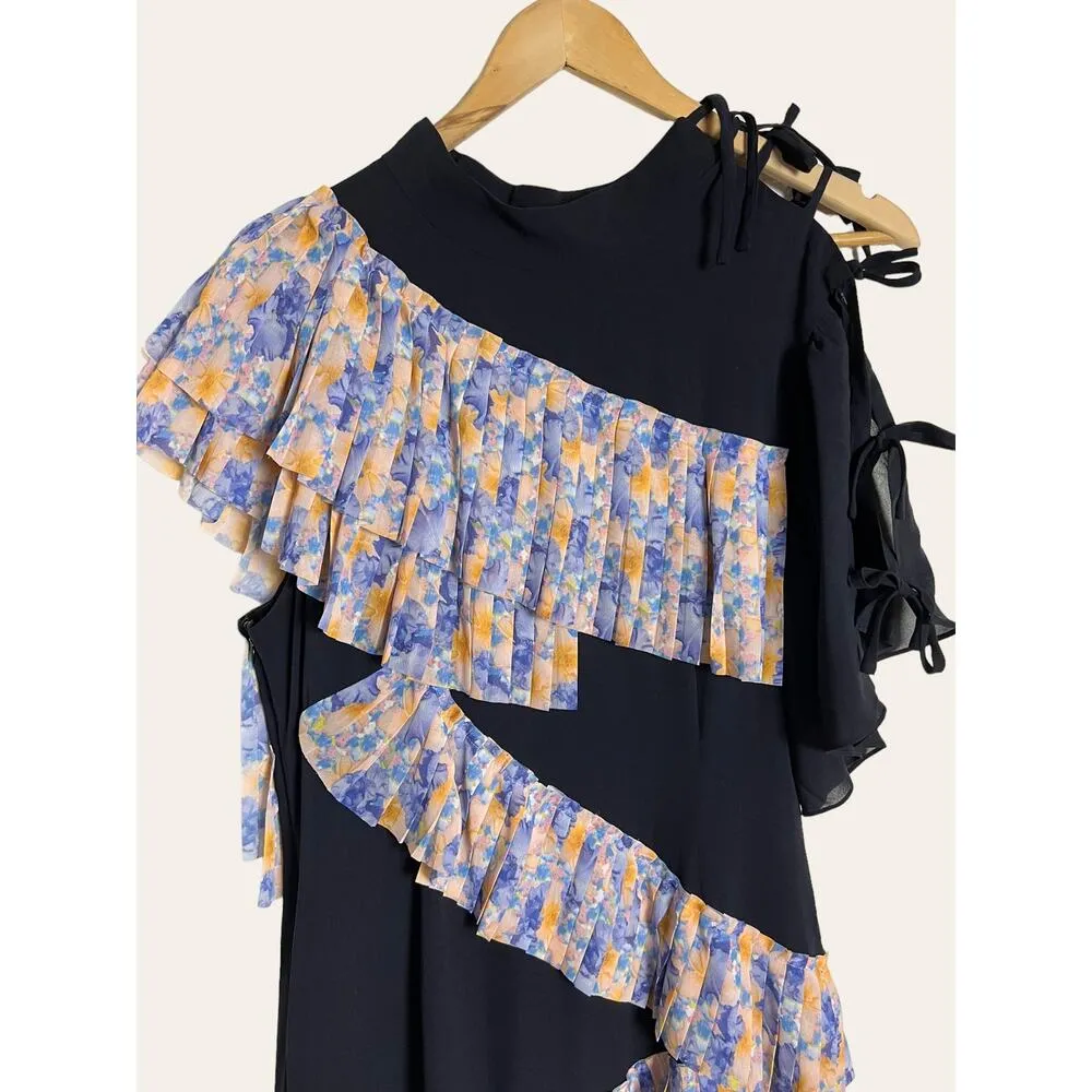 HAGAHI Navy Blue Pleated Floral Print Short Sleeve Asymmetrical Dress Size 6 - Image 2
