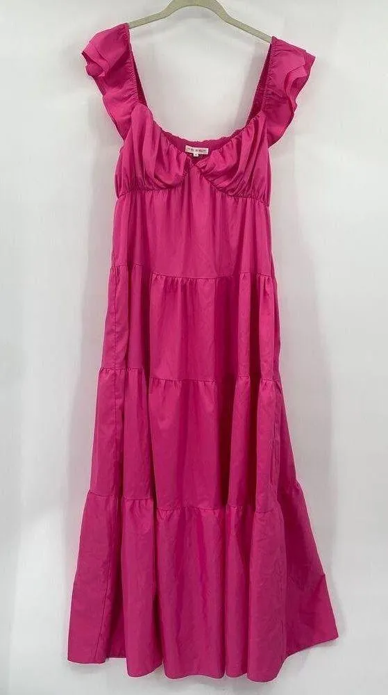 Free the Roses Tiered Maxi Dress Ruffled Flutter Sleeve Empire Waist Pink Medium - Image 4