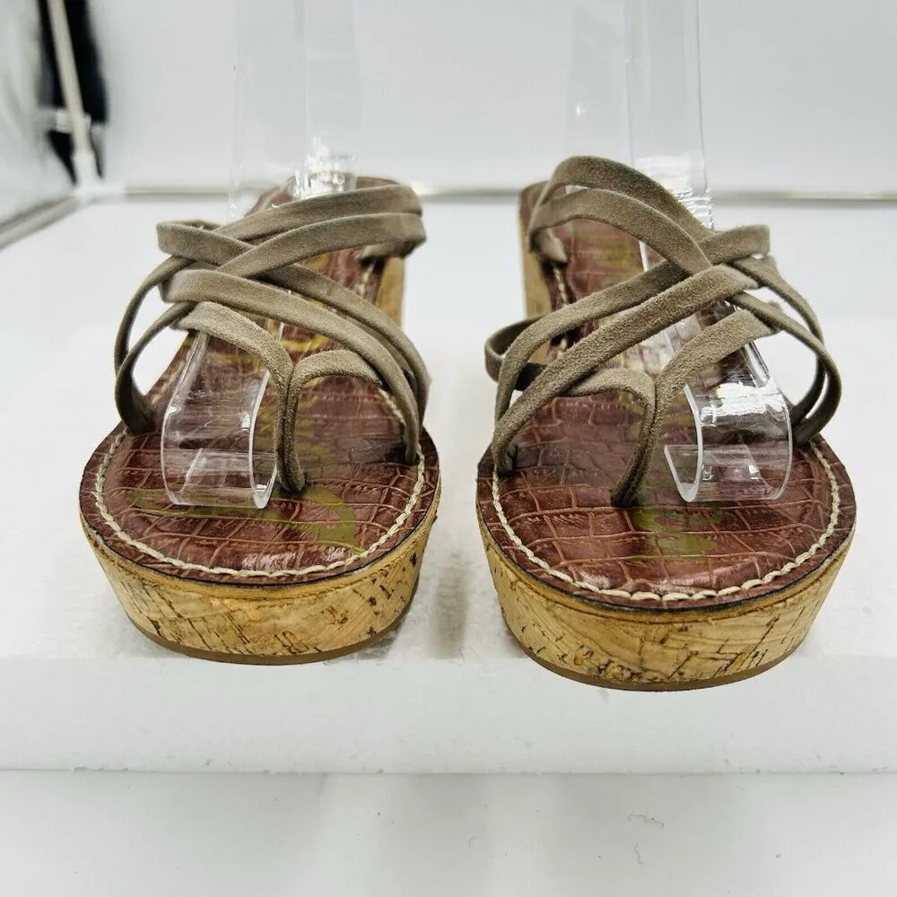 Sam Edelman Sz 8 Reana Taupe Suede Strappy Boho Neutral Earthy 3" Wedge Sandals - Image 3