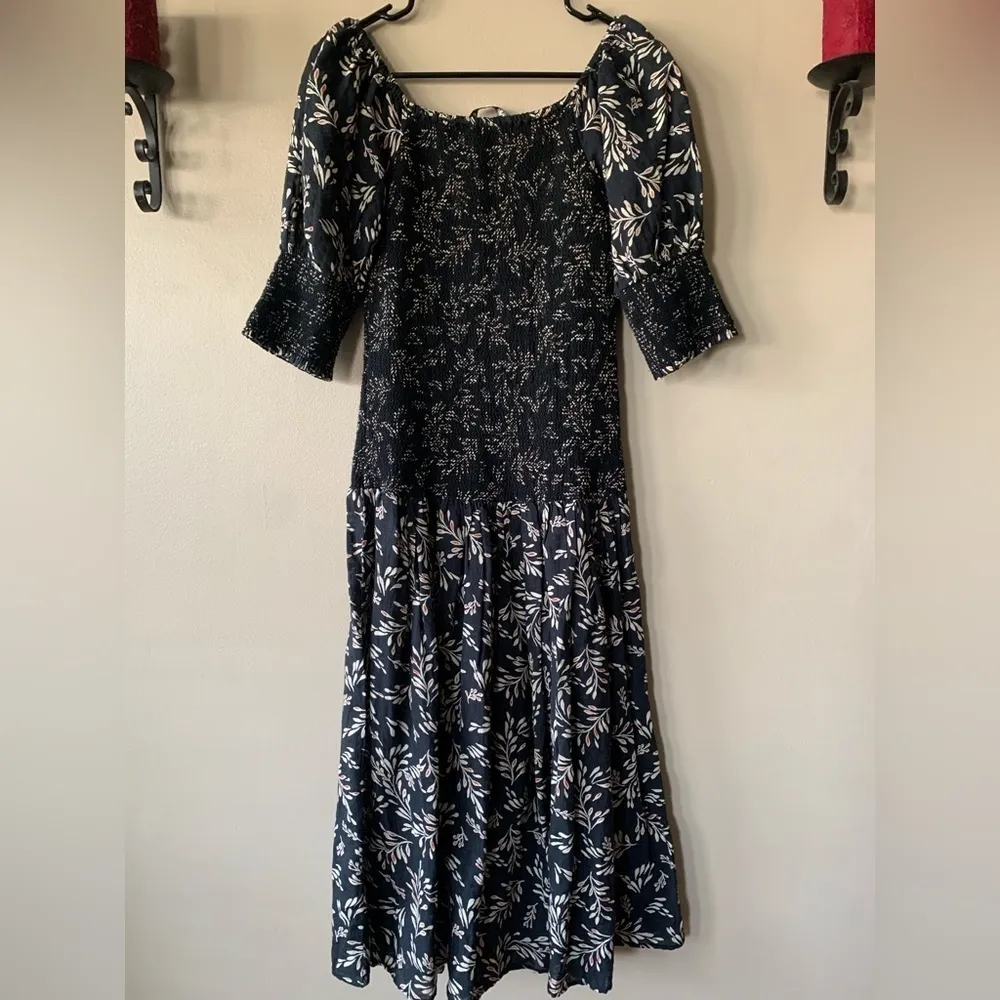 NWOT Zara Penny Ruched Black Floral Linen Blend Boho Midi Dress Size Small - Image 10