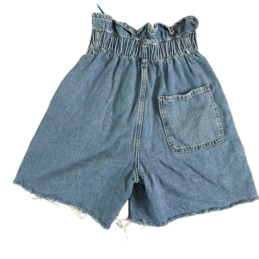 ZARA High Waisted Denim Shorts Paperbag Waist Frayed Hem Size‎ 0 Blue BOHO - Image 2