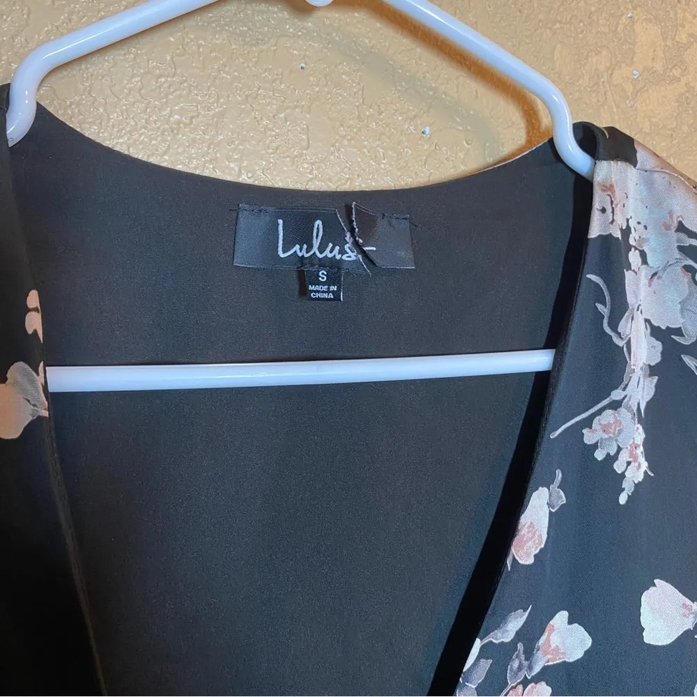 Lulu's Oaklynn Romper Skort Dress Ruffled Black Floral Wrap Satin Long Sleeve S - Image 5