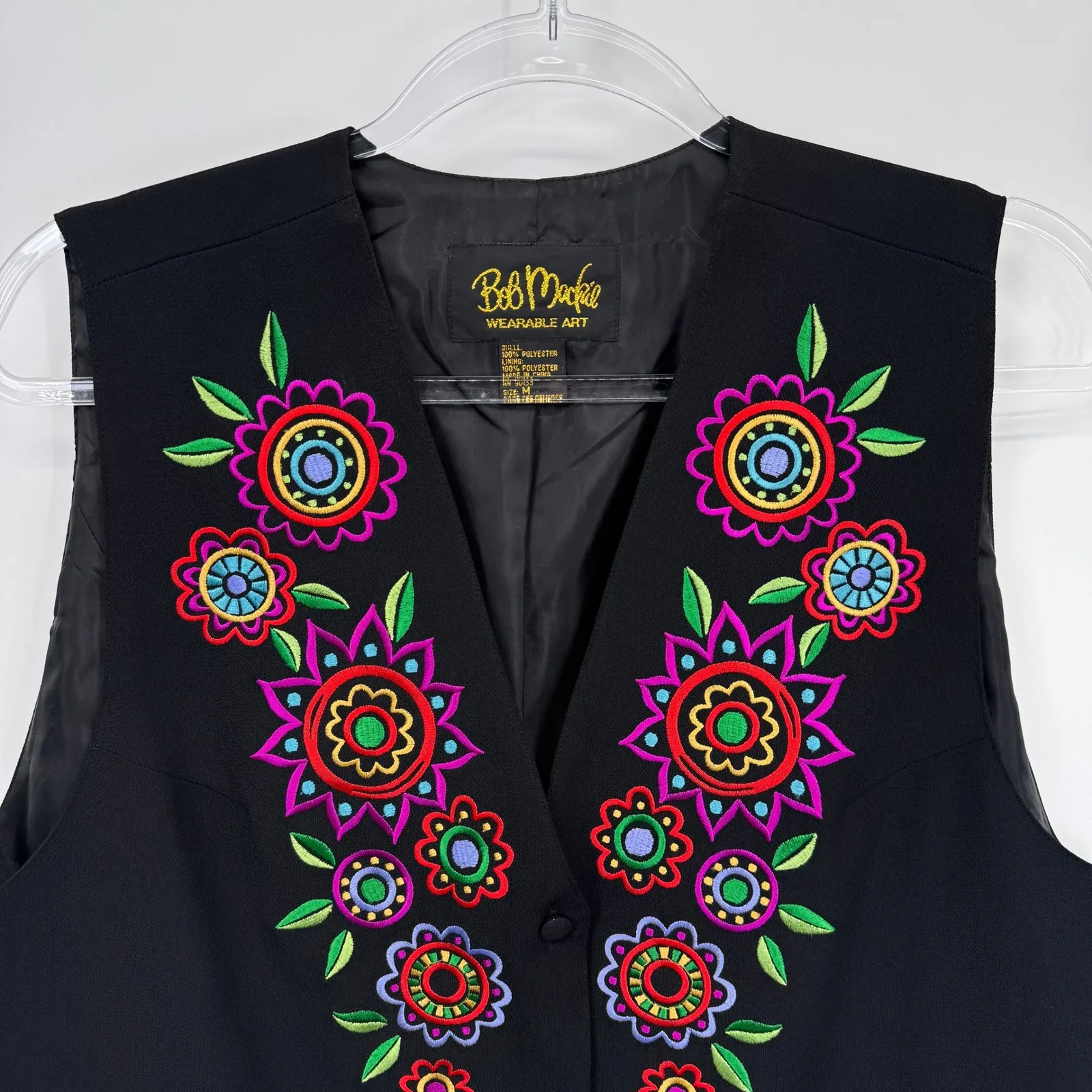 Bob Mackie Wearable Art‎ Artsy Boho Vest Black Floral Embroidered Womens Medium - Image 2