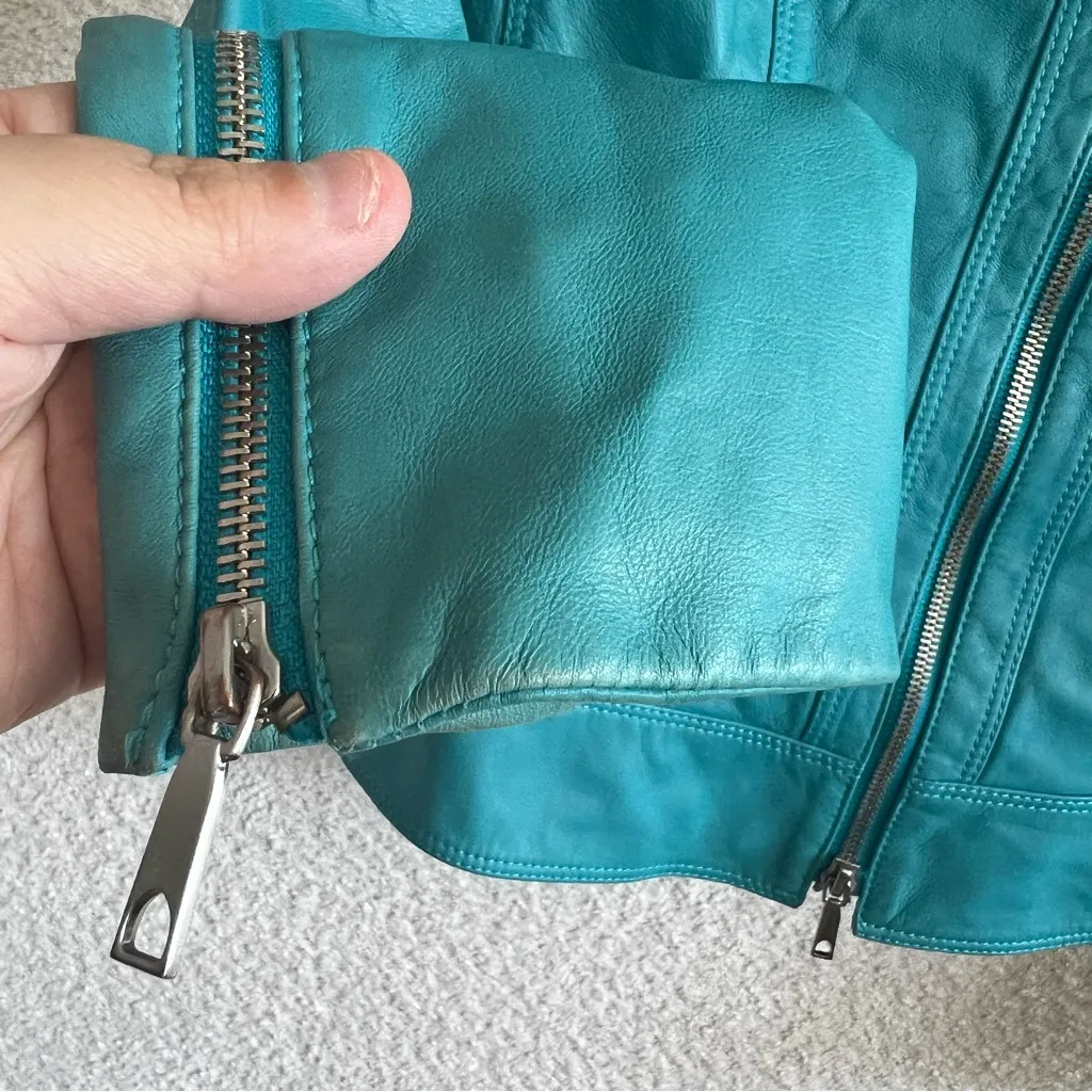 Lafayette 148 New York Women’s Teal 100% Leather Zipper Jacket Size 2‎ - Image 7