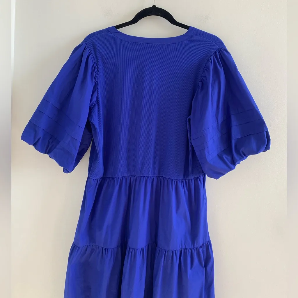 Chico's Blue Henley Puff Sleeve Tiered Poplin Hem Midi Dress Size Large - Image 7