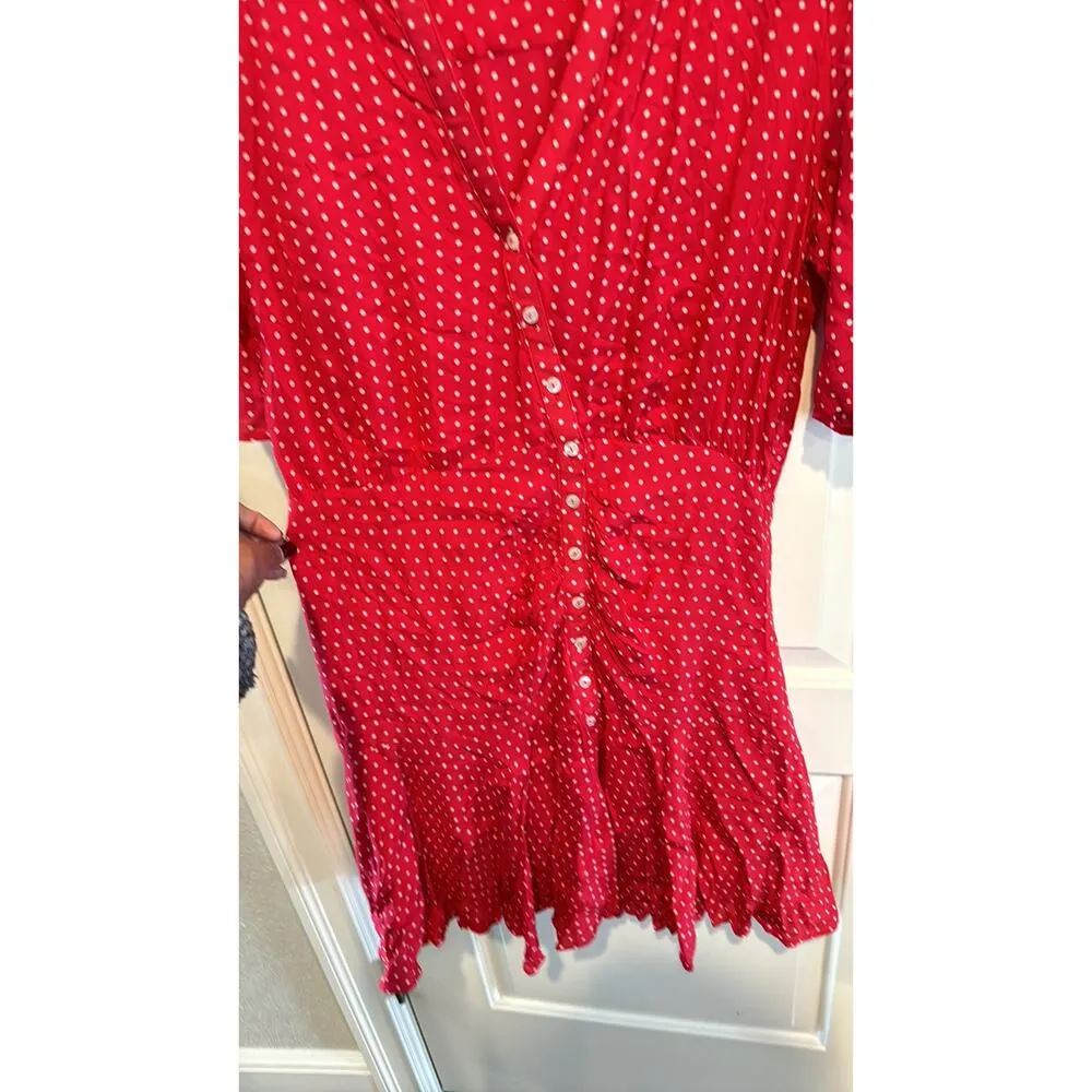 Free People Pipa Short Sleeve retro mini dress ruched flowy skirt red polka dots - Image 6