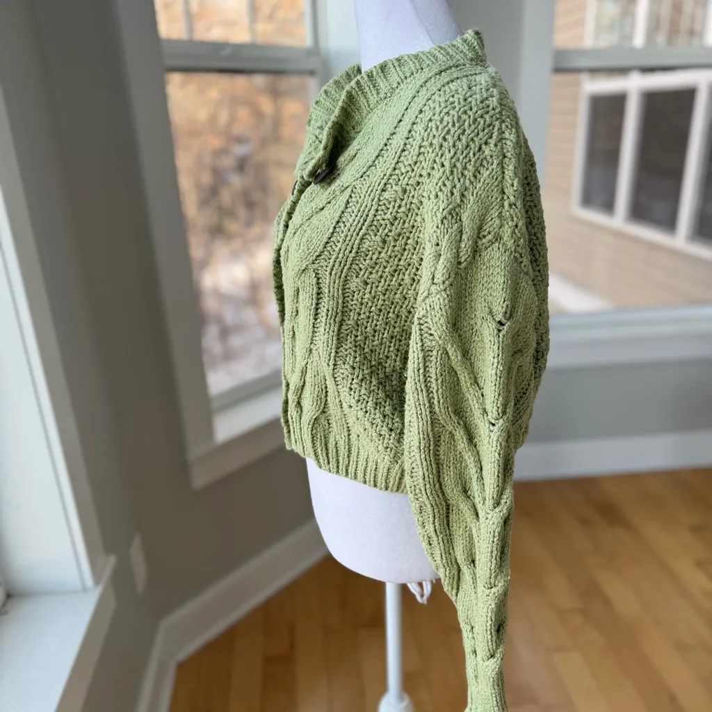 Free People Sage Green Bonfire Chunky Cableknit Cotton Crop Cardigan Small RARE - Image 4