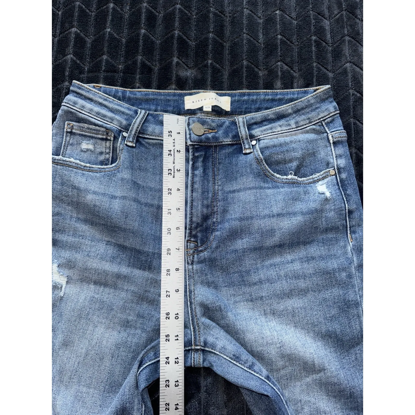 Risen Jeans Women's Blue Distressed Frayed Hem Flare Denim Size 29 - Image 10