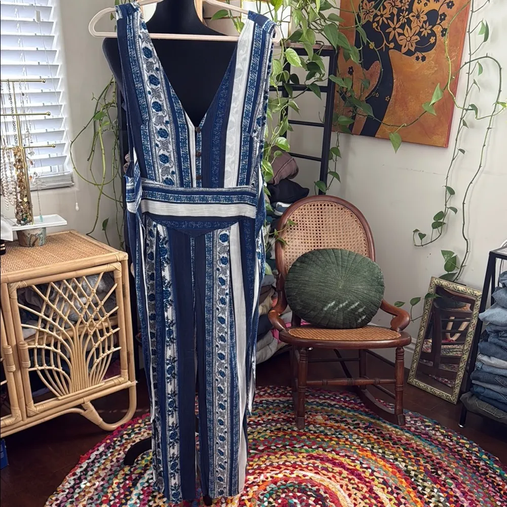 Free People All Shook Up Blue Floral Combo Deep V One Piece Jumpsuit - Image 3